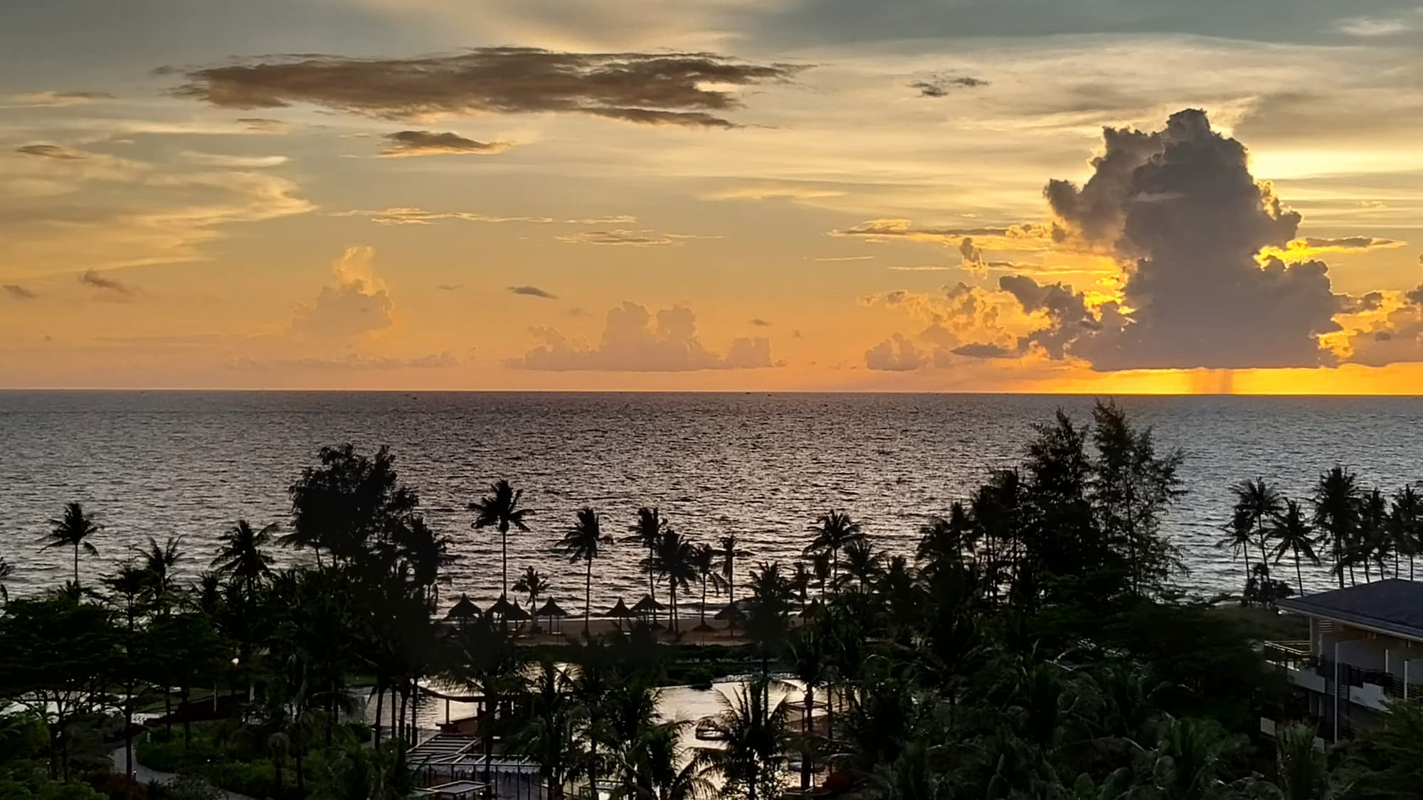 A sunset over the ocean with palm trees in the background - Phu Quoc