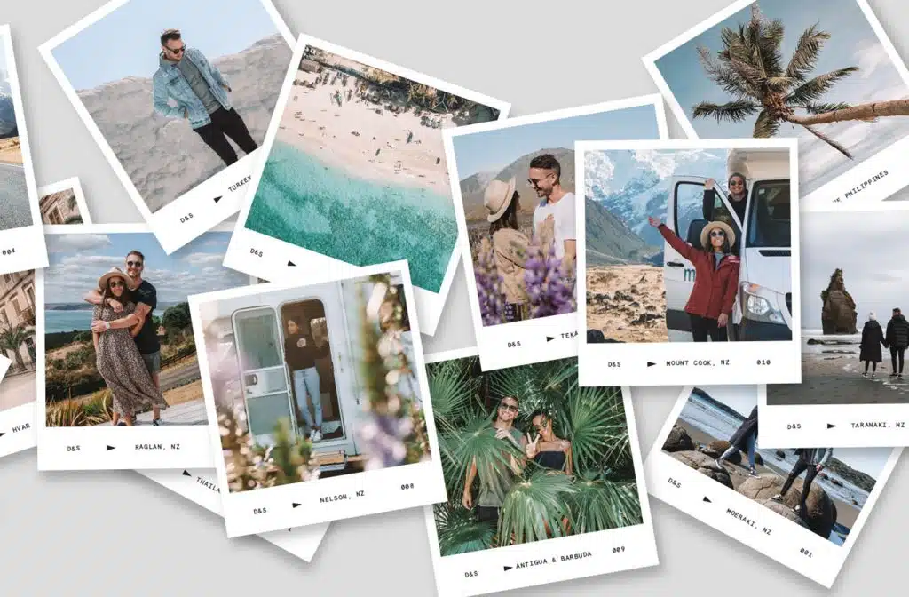 A collage of photos of Dane and Stacey on a beach.