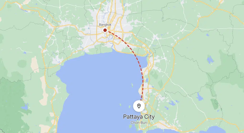 Map showing the route from bangkok to pattaya city in thailand with marked roads and geographical details.