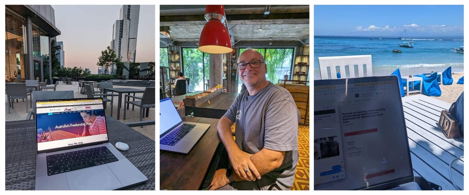 Three photos: an outdoor café table with a laptop, a person at a table with a laptop indoors, and a laptop on a table overlooking a beach with boats.