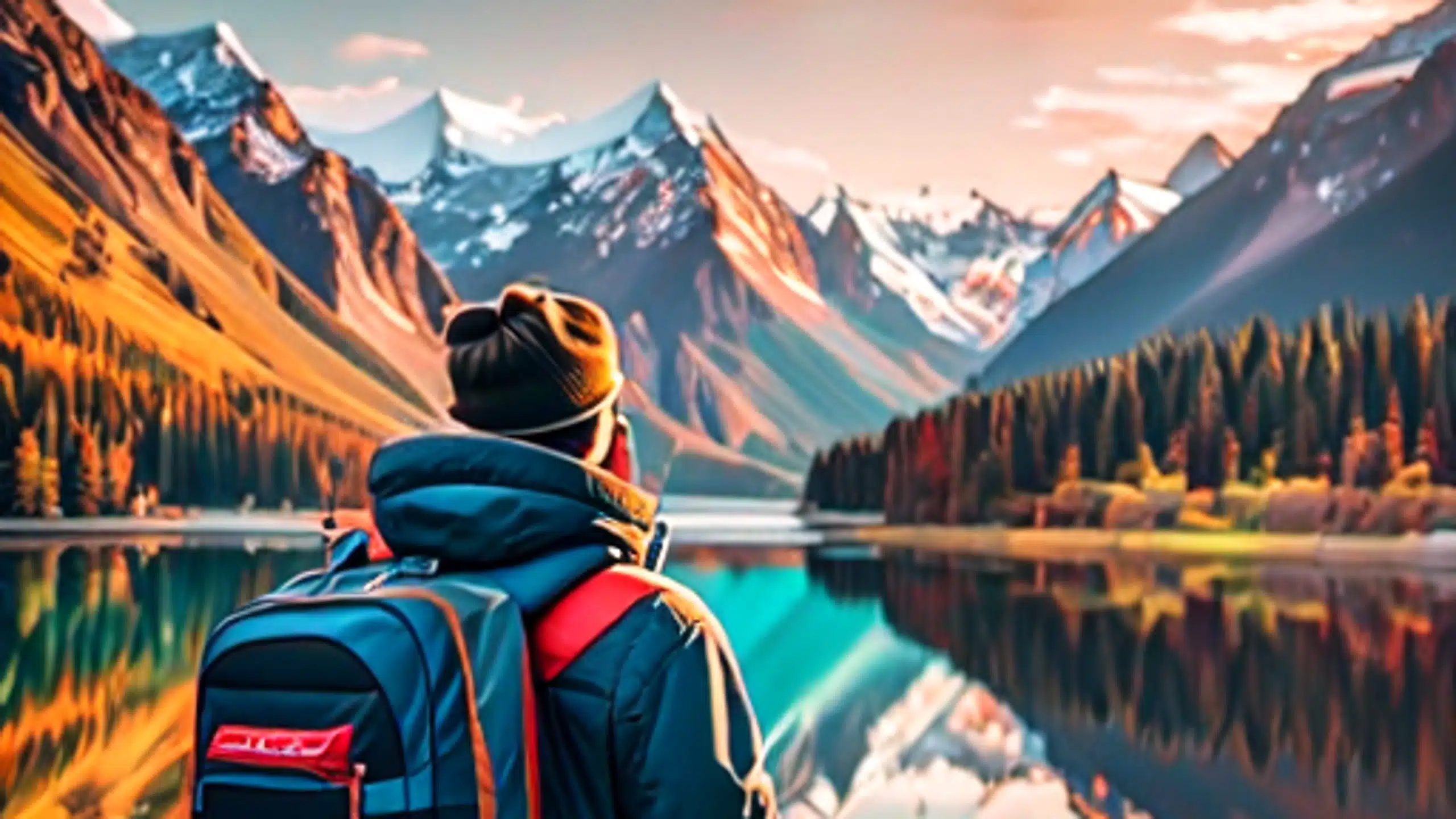 A person wearing a backpack and winter jacket stands at the edge of a calm lake, surrounded by tall mountains with snow-capped peaks and vibrant autumn foliage—a scene that travel bloggers dream of capturing.