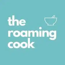 Logo with text "the roaming cook" and an outline of a bowl with a spoon on a teal background.