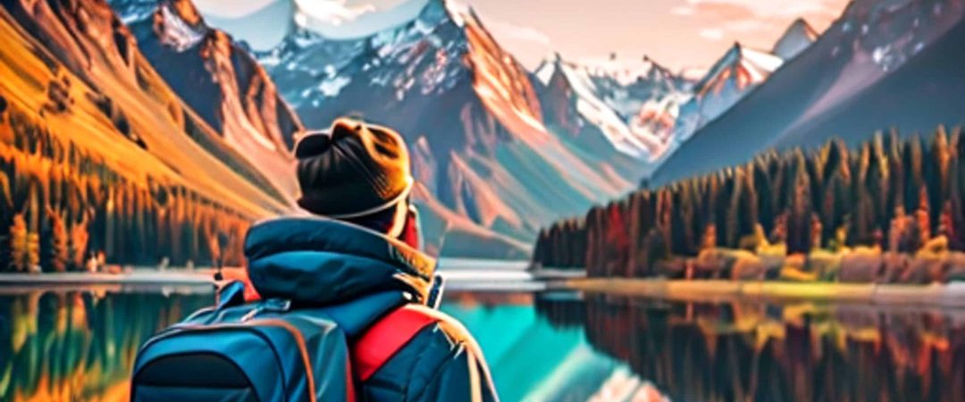 A person wearing a backpack and winter jacket stands at the edge of a calm lake, surrounded by tall mountains with snow-capped peaks and vibrant autumn foliage—a scene that travel bloggers dream of capturing.