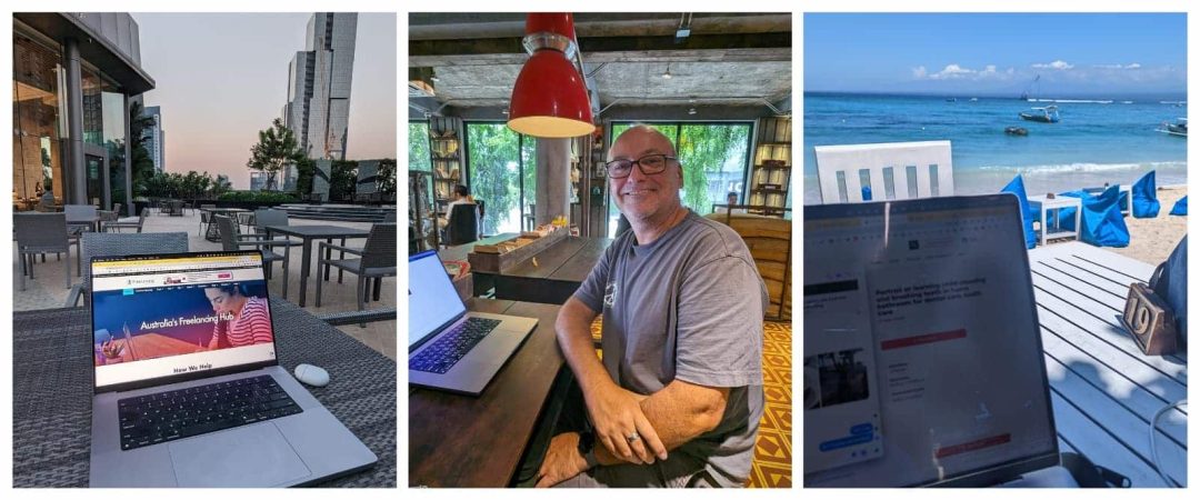 Three photos: an outdoor café table with a laptop, a person at a table with a laptop indoors, and a laptop on a table overlooking a beach with boats.